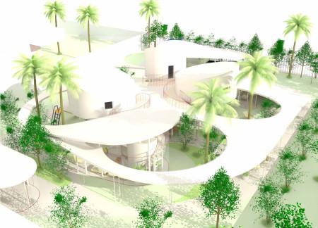 Curvilinear Spaces Formed by Reinforced Concrete and Glass for Enhanced Natural Ventilation