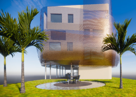 Wind Tower and Lightweight Mesh Screens Enhance Sustainable Living in Desert Residential Design
