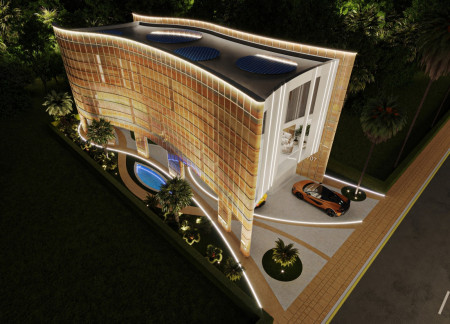 Curvilinear Facade Composed of Glass Blocks and Sand Bricks in a Sustainable Desert Home