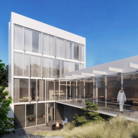 Floating Bridge Connecting H-Shaped Layout with Natural Stone and Large Windows in Residential Context