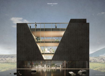 Translucent V-Shaped Structure Integrating Glass and Concrete Within a Natural Landscape