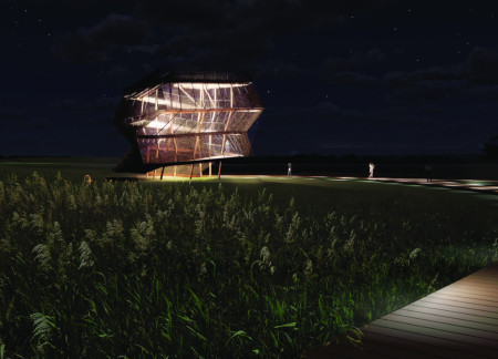 Twisting Observation Platform Crafted from Black Mesh and Pressure-Treated Timber