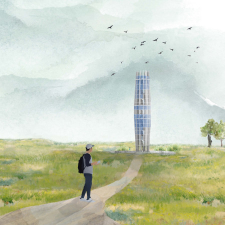 Circular Form with Radial Fins Crafted from Glass and Concrete at Elevated Viewpoint