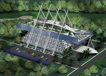 Cross-Structured Community Hub Featuring Solar Integration and Sustainable Wood Finishes