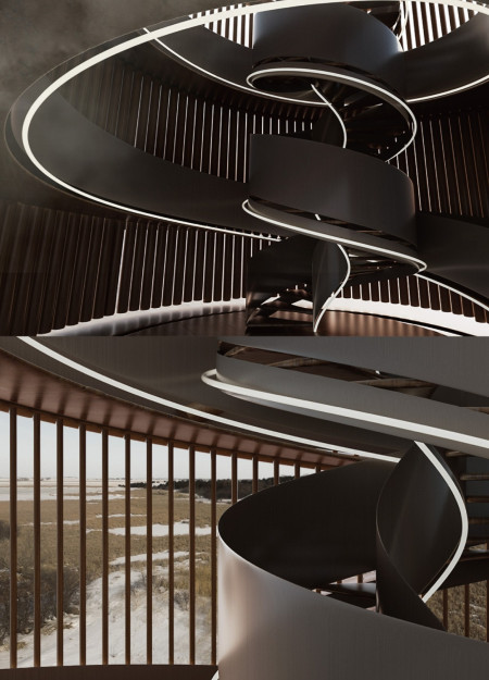 Spiral Observation Tower Crafted from Charred Wooden Shingles and Natural Hardwood