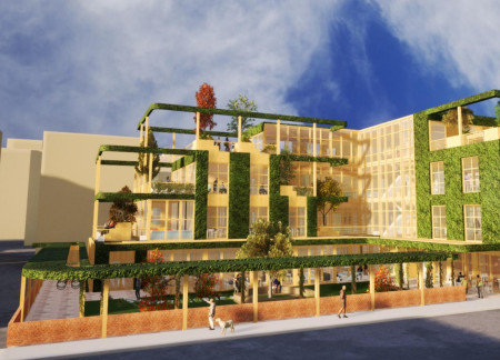 Green Terraces Enveloped in Timber and Glass Create a Multifunctional Workspace for Urban Community