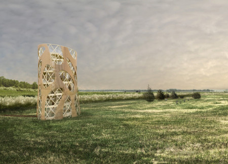 Elliptical Observation Platform Crafted from Cross-Laminated Timber and White Oak, Embracing Prairie Views