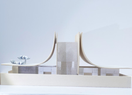 Geothermal Stone Facade with Metal Mesh Canopy in a Climate-Responsive Habitat