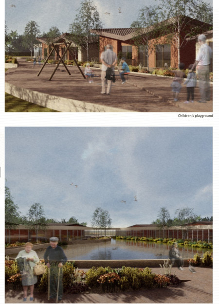 Memory Gardens Enclosed by Baked Clay and Glass in a Triangular Senior Living Facility