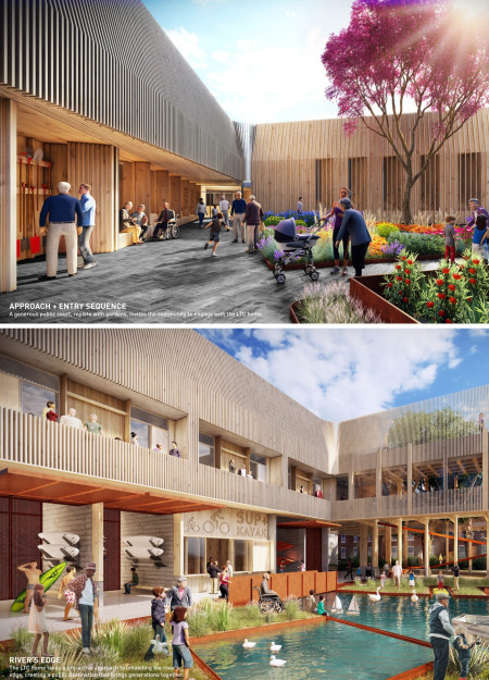 Charred Wooden Shingles and Cross-Laminated Timber Panels in a Community-Centric Long-Term Care Facility