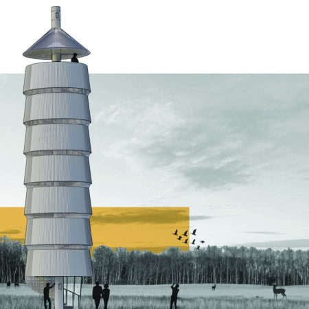 Cylindrical Structure Featuring Corrugated Steel Cladding and Panoramic Views for Community Observation