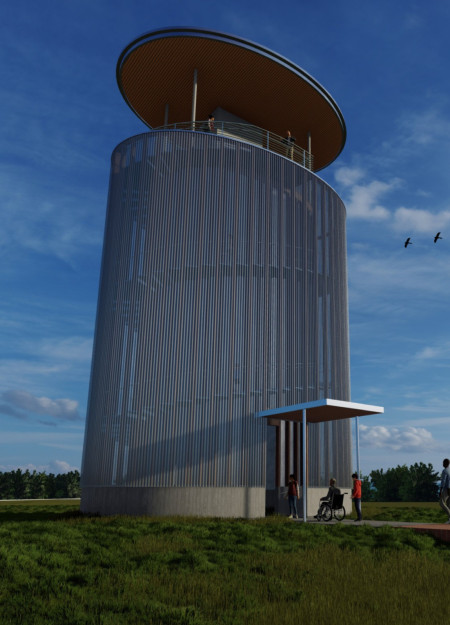 Cylindrical Observation Tower Crafted from Galvalume and Timber Emphasizing Community Engagement in Wetlands