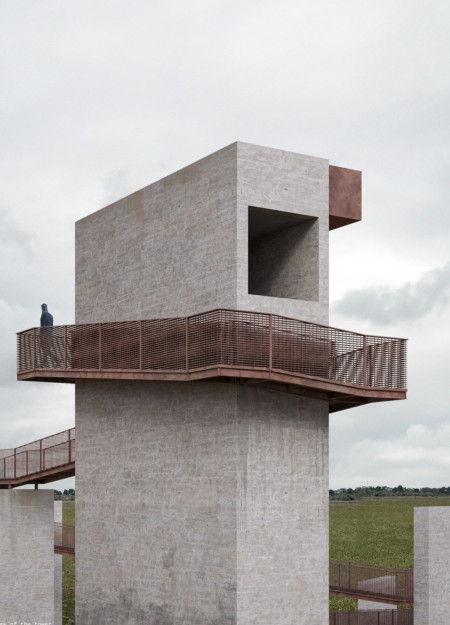 A Tiered Tower Framing Prairie and Forest Views