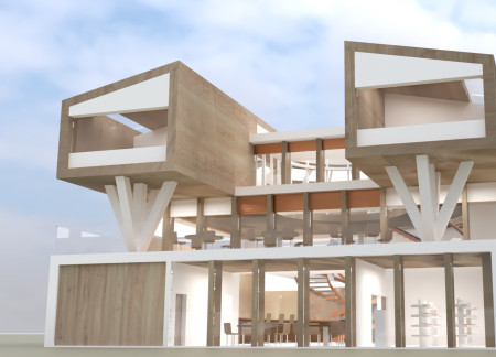 Tapered Structure with Transparent Glass and Natural Timber Exploring Brewing and Wellness