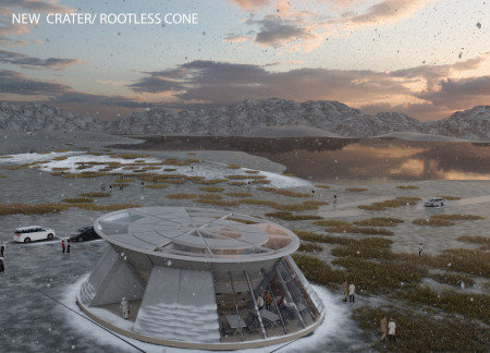 Geothermal Facility Featuring Triangular Roof and Charred Wooden Shingles for Nature Observation