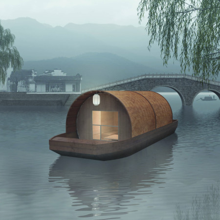 Rotating Cylindrical Modules with Bamboo Weaving and Panoramic Views for Flexible Waterfront Living