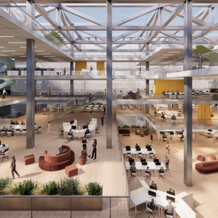 Transparent Glass Facade with Energy-Efficient Steel Structure in Communal Workspace