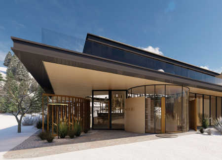 Curvilinear Structure Wrapped in High-Pressure Laminate and Granite Amidst Volcanic Landscapes for Relaxation and Craft Brewing