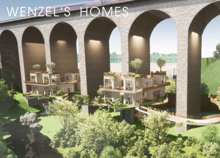 Suspended Living Units Enhanced by Local Sandstone and Green Roofs Beneath Urban Bridges