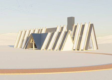 Asymmetrical Roof Structure with Recycled Materials Supporting Sustainable Ski Lift Facility