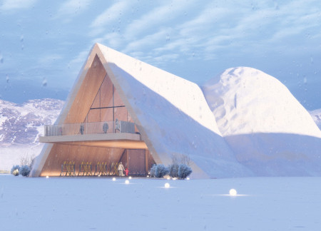 Geothermal Lodge Featuring a-Frame Structure and Sustainable Timber Utilization