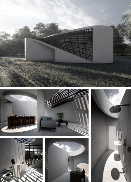 Dynamic Light Modulation Through Curvilinear Forms and Wood Louvers in a Sustainable Residential Setting