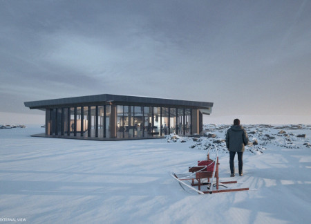 Cross-Laminated Timber Structure Featuring Charred Wooden Shingles Within a Scenic Icelandic Landscape
