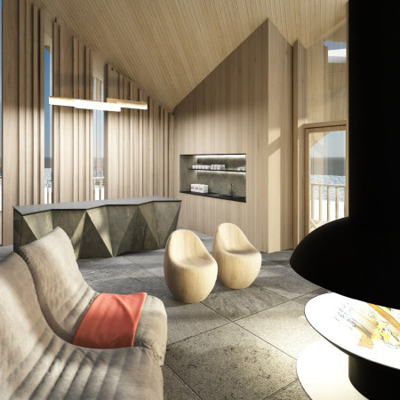 Basalt Form Defined by Angular Geometry in a Ski Retreat Utilizing Local Materials