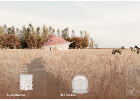 Rainwater Collection Roof with Recycled Concrete Bricks Enhancing Natural Light for Residential Living