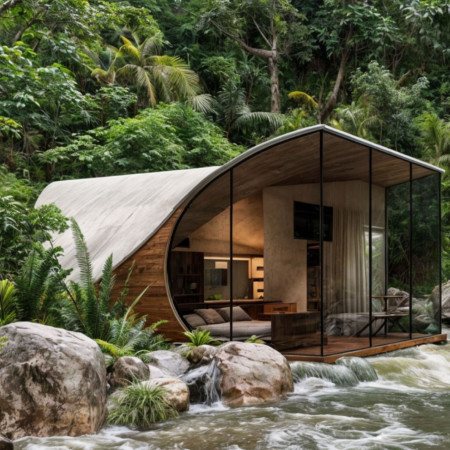Curved Roof Structure Featuring Reinforced Concrete and Local Wood Emphasizing Biophilic Design Elements