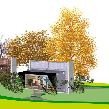 Cantilevered Roof Structure Featuring Fiber-Cement Panels and Natural Ventilation in a Sustainable Residential Setting