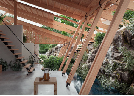 Charred Wooden Shingles and Cross-Laminated Timber Panels Framing a Biophilic Residential Retreat