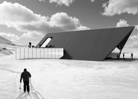 Lava Stone Structure with Geometric Form Offering Panoramic Views in Winter Landscape