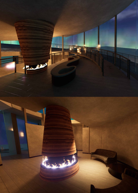 Extruded Cave Form with Insulated Steel Joists and Natural Stone Fireplace Serving as a Retreat in Iceland