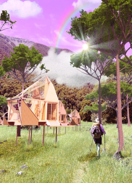 Elevated Shelters with Charred Wooden Shingles and Large Glazing for Mountain Hikers