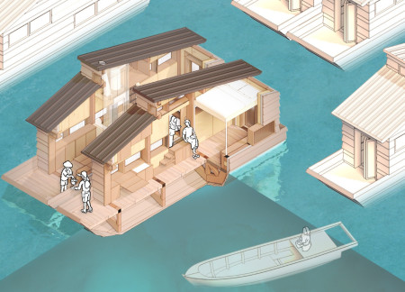 Floating Residences Constructed with Cross-Laminated Timber and Charred Wooden Shingles for Coastal Living