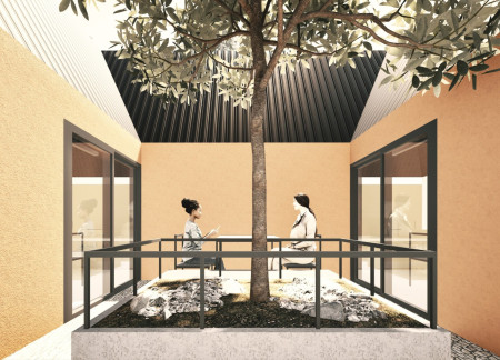 Charred Wooden Shingles and Recycled Materials Shape a Compact Community Living Space