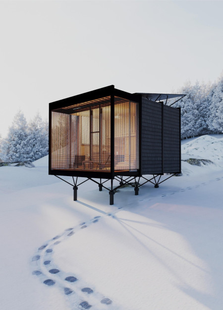 Charred Wooden Shingles and Polycarbonate Panels in Sustainable Compact Living Spaces