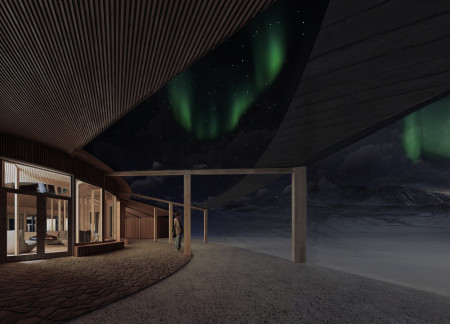 Crater-Inspired Community Hub Featuring Charred Wooden Shingles and Local Stone Integration