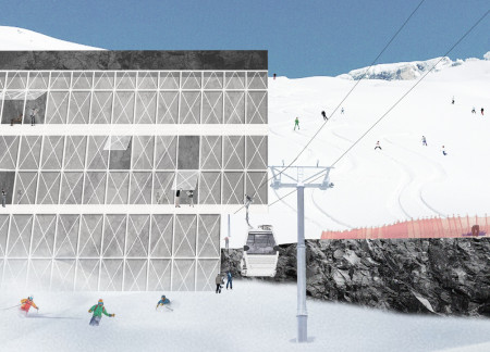 Basalt and Cross-Laminated Timber Structure Nestled in a Snowy Landscape