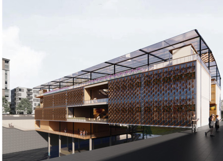 Tensile Structure of Charred Wood and Glass Enhances Urban Connectivity in Multifunctional Space