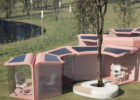 Modular Workspace Featuring Curvilinear Forms and Polycarbonate Facades Enhanced by Sustainable Materials