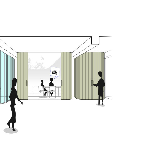 Charred Wooden Shingles and Glass Partitions in a Flexible Workspace Environment