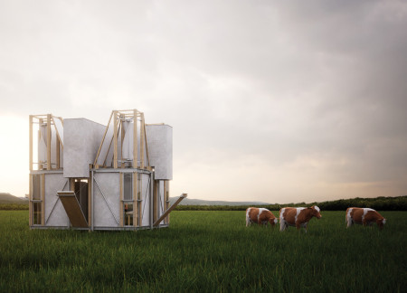 Cross-Shaped Layout Featuring Lightweight Concrete Panels and Wooden Framework in a Versatile Living Space