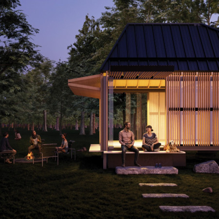 Charred Wooden Shingles and Expansive Glass Panels in a Multifunctional Urban Space