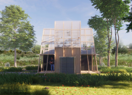 Staggered Cubical Form with Transparent Roofing Integrating Charred Wooden Shingles and Natural Timber Finishes