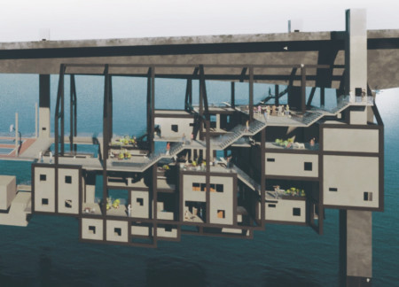 Suspended Living Spaces Featuring Modular Design and Concrete Integration Beneath Urban Infrastructure