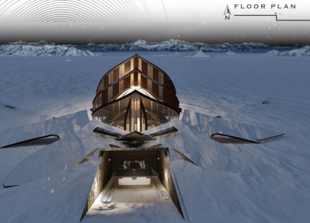 Basalt Soaking Pool Framed by Glulam Beams in a Landscape-Integrated Refuge