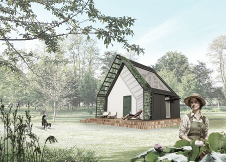 Charred Wooden Shingles and Steel Framework in a Compact Community Shelter