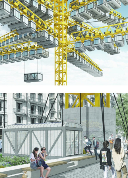 Elevated Living Units with Glass Facades and Solar Integration in Urban Environments